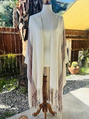 Vintage LAISE ADZER Hand Loomed Moroccan Susti Shawl Ruana Wrap Fringe 80s Boho