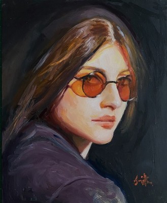 Original Ölgemälde Frau in roter Brille Portrait. Gerahmt fertig zum Aufhängen.