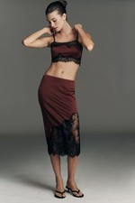 By Anthropologie Lace-Trim Midi Slip Skirt size M wine red color NEW WITH TAG