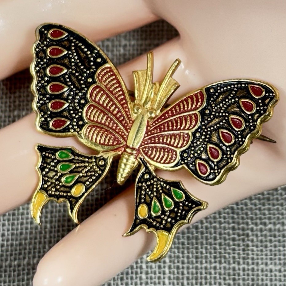 Vintage Signed SPAIN Gold tone Multicolor Damascene Enamel BUTTERFLY Pin Brooch