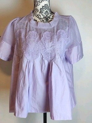 Fate Lavender Lace Applique Mesh Babydoll Top Sz Large Cotton