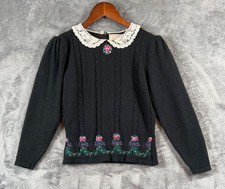 Susan Bristol Vintage Sweater Womens Small Black Hand Embroidered Floral Twee