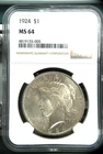 1924 PEACE DOLLAR NGC MS 64 GOOD LUSTER GREAT PRICE VALUE $130 TOUGHER DATE
