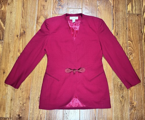 Vintage 90s Christian Dior Blazer Skirt Set Womens Sz 8 Burgundy Worsted Wool - Picture 2 of 16