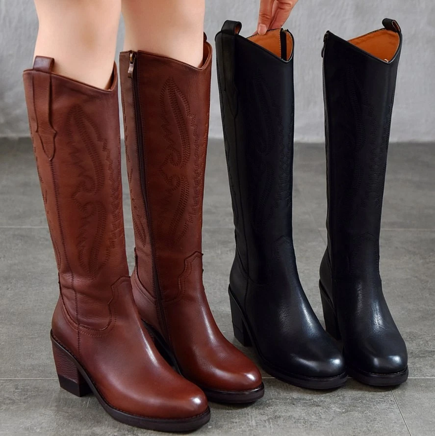 Женские кожаные сапоги до колена на блочном каблуке с круглым носком оксфорды ковбойские популярные - Изображение 4 из 4