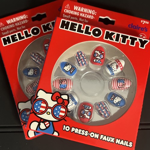 2 Sets Girls Faux Press On Nails Claire's Hello Kitty NEW Red, White, & Blue - Picture 3 of 3