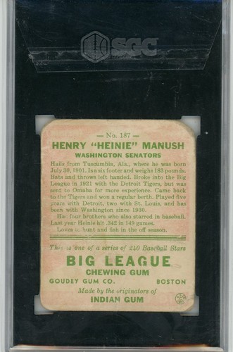 1933 GOUDEY HEINIE MANUSH RC #187 SGC 1 WASHIGTON SENATORS "Free Shipping" - Picture 2 of 2