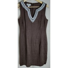 Talbots Linen Dress Brown Embroidered Neckline Solid Sleeveless Shift Size 6P