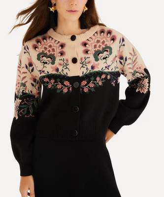 Farm Rio Belle Garden Mixed Knit Cardigan Sweater Small Floral Button Front $248