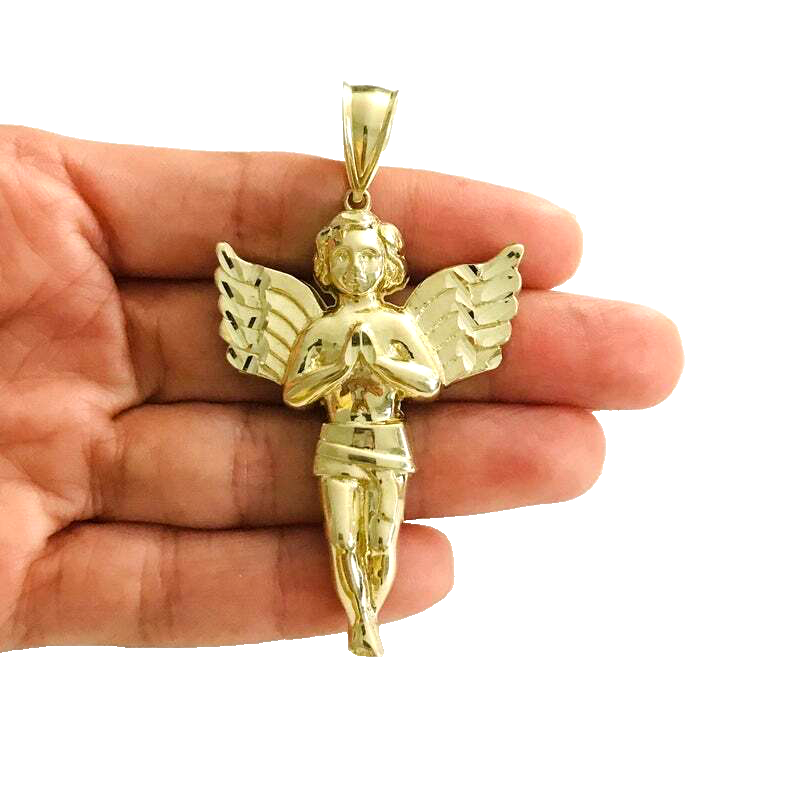 10K Solid Yellow Gold Angel Pendant - 67mm Diamond Cut Praying