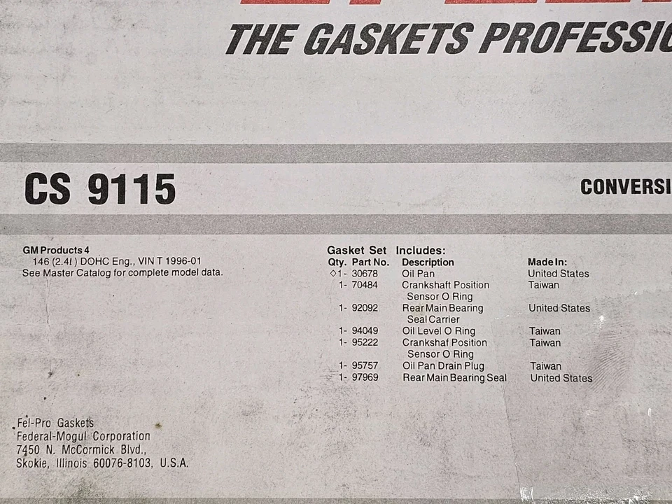 Felpro Engine Oil Pan Conversion Gasket Set For Chevy 1996-2001 146 2.4L DOHC - Image 3 of 3
