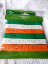 Irish Rubber Band St Patrick Day Bracelets Green/White/Orange Clovers 6 Count