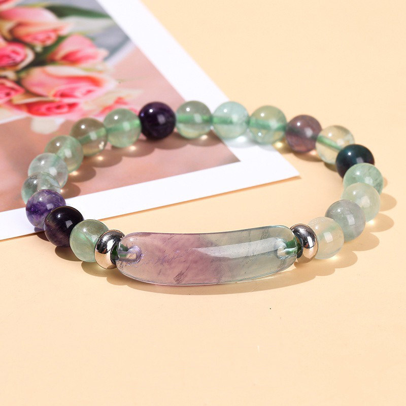 Rainbow Fluorite Crystal Bead Stretch Bracelet for Reiki Healing Energy