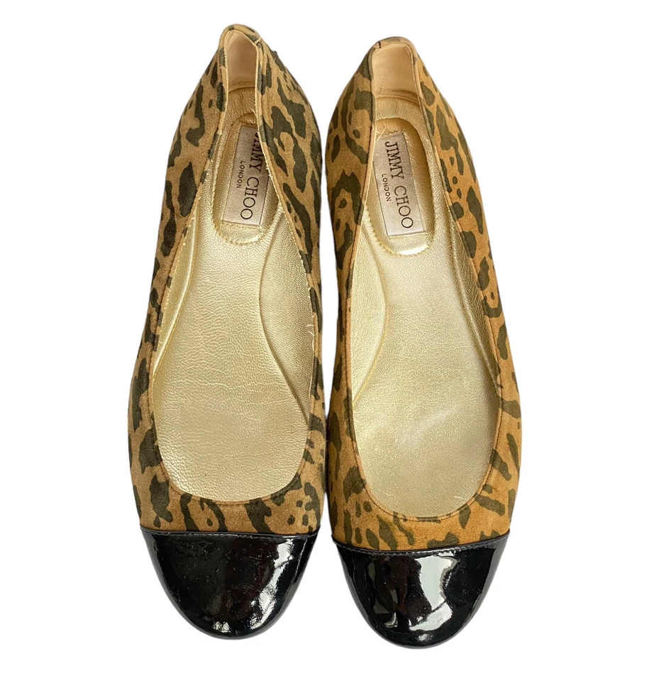 JIMMY CHOO Leopard Print Suede, Patent Leather Cap Toe Flat Ballet Shoes, 38.5 - Image 3 of 4