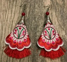 Embroidered Earrings Hook White Red Pink Floral Handmade Aretes Bordados 