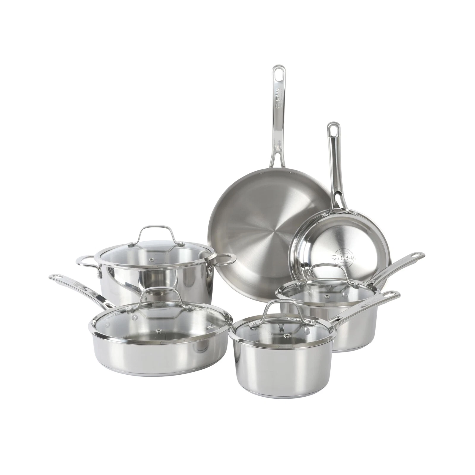 Sur La Table Kitchen Essentials Chef's Deck 10 Piece Stainless Steel Non Toxic Pots and Pans Kitchen Cookware Set w/Triply Encapsulated Base - Induction Safe - Thumbnail 2