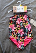 NWT Hurley Black Tropical Floral Girls One Piece Swimsuit Bathing Suit 5/6