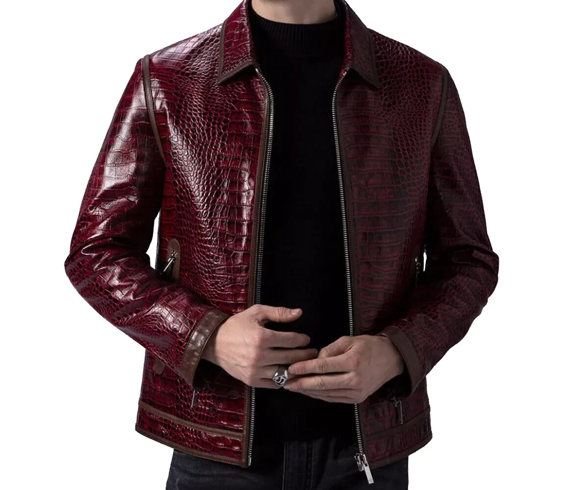 Men's Burgundy Crocodile Embossed Leather Jacket Luxury Alligator Print Jacket