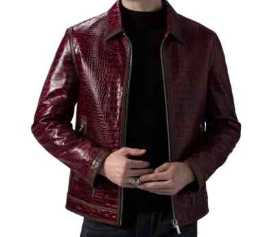 Men's Burgundy Crocodile Embossed Leather Jacket Luxury Alligator Print Jacket