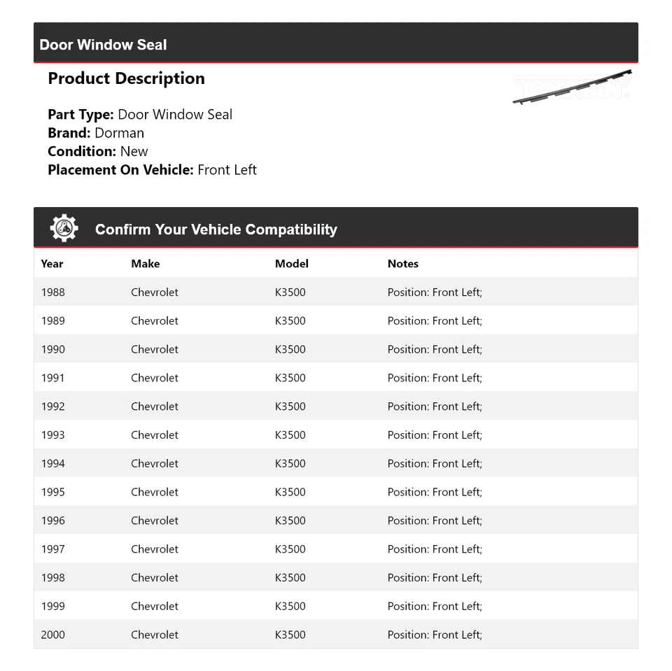 Sello ventana puerta delantera izquierda Chevrolet K3500 Dorman 1988-2000 1989 1990 1991 Foto 2 de 4