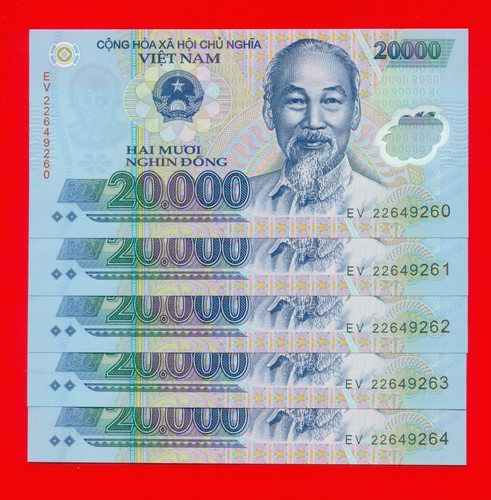 5 pcs x Vietnam 20000 (20,000) Dong / Uncirculated polymer banknotes