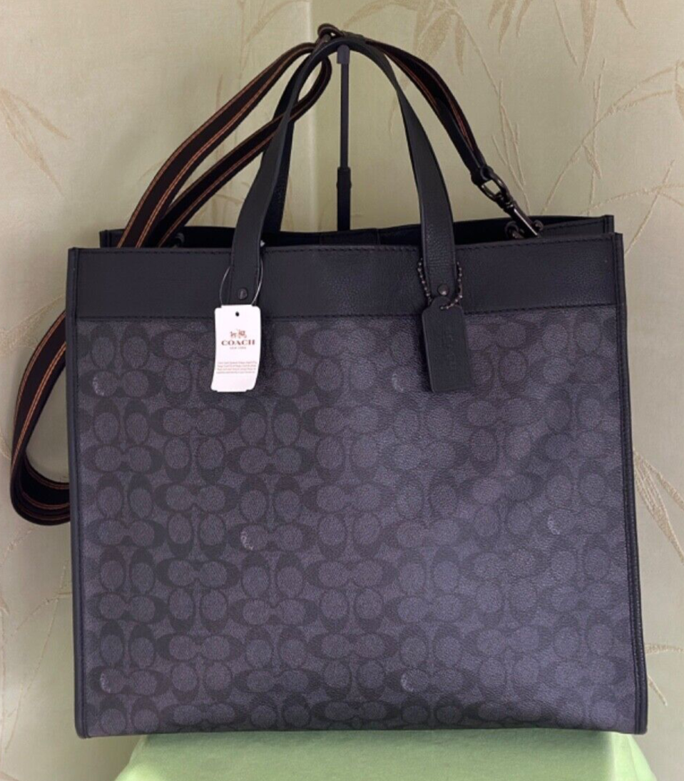 COACH FIELD TOTE 40 BAG SIGNATURE COATED CANVAS:NWT CHARCOAL (see