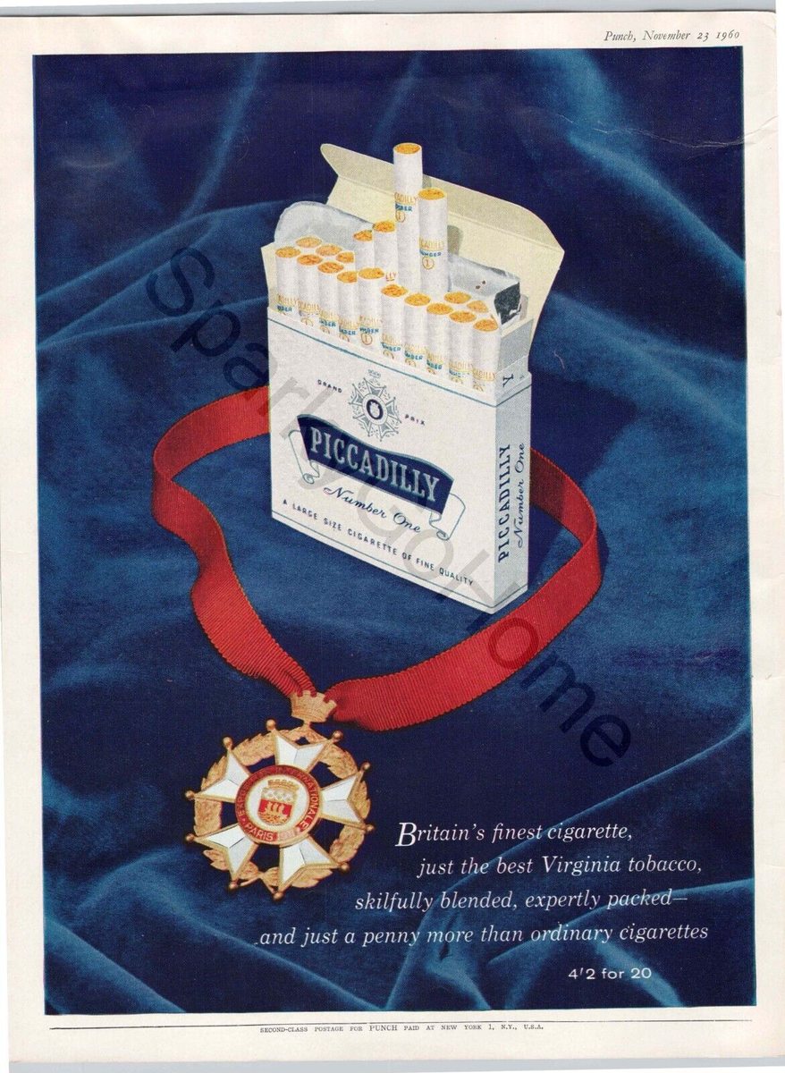 finest tobacco Piccadilly Britain's Finest Cigarettes Paris 1911 Exposition Medal 1960 Ad
