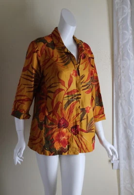 Chico's Taille 1 M Plupart Fantastique Artistique 100% Lin Jaune Orangé Floral - Photo 1/4