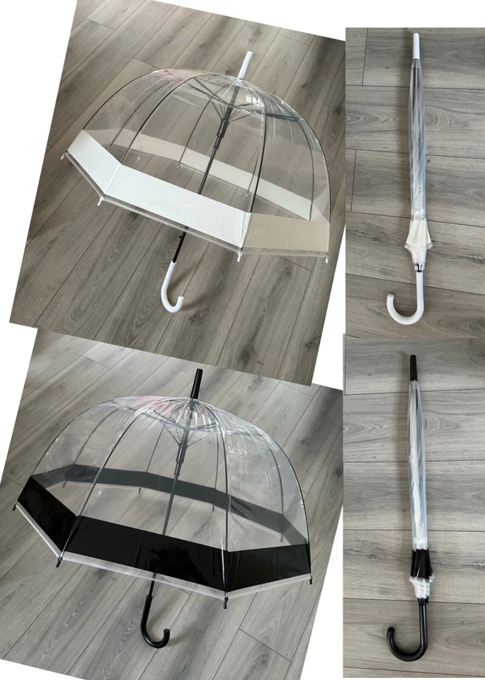 Clear Dome Black and White See Through Transparent Auto Open Brolly Umbrella