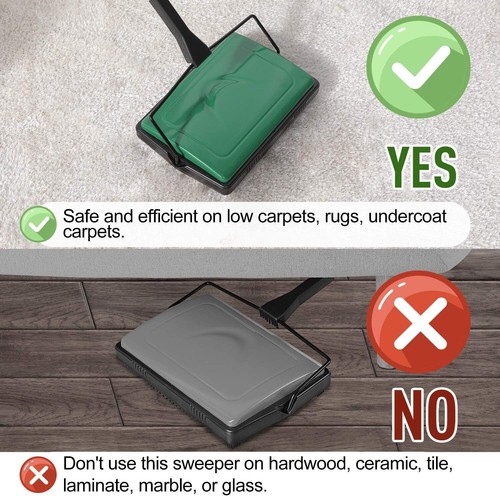 Carpet Sweeper Cleaner Low Carpet Rug Cleaning with a Brush Green Pet Hair Dust - Picture 3 of 11