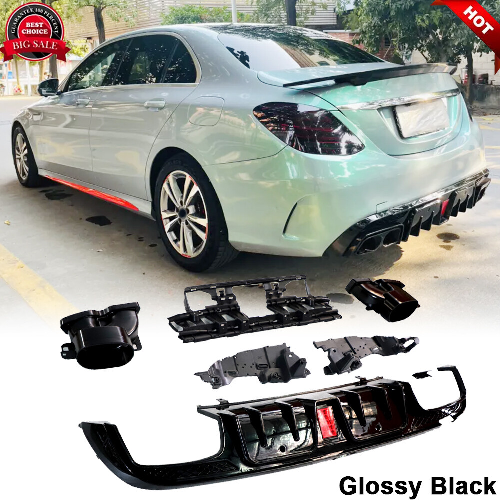 For Mercedes Benz W205 C300 C43 C63 14UP Rear Bumper Lip Diffuser W/Exhaust Tips