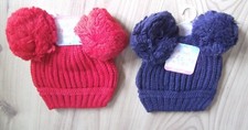 Baby Knitted DOUBLE BOBBLE POM POM HAT Red Navy Blue Boy Girl Winter 0-12 month