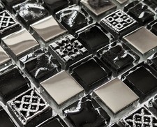 Ancient Textured Stone Square Jet Black Glass & Silver Chrome Mosaic Wall Tiles