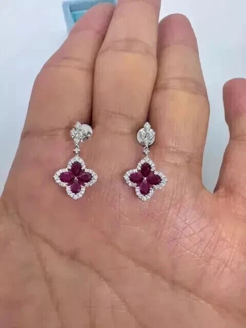Pendientes colgantes para mujer enchapados en oro blanco de 14k de 2,20 quilates corte pera rubí rosa simulado Foto 2 de 4