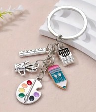 3  Silver-Tone School Subject Art Paint Charm Keychain Purse New Free Ship B4262