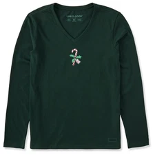 Life is Good. Women's Candy Cane Holly Long Sleeve Crusher Vee, Treeline Green