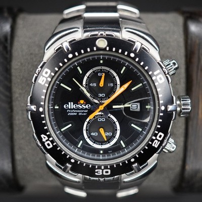 Ellesse Professional 200M Diver Chronograph Black Dial StainlessSteel Mens Watch
