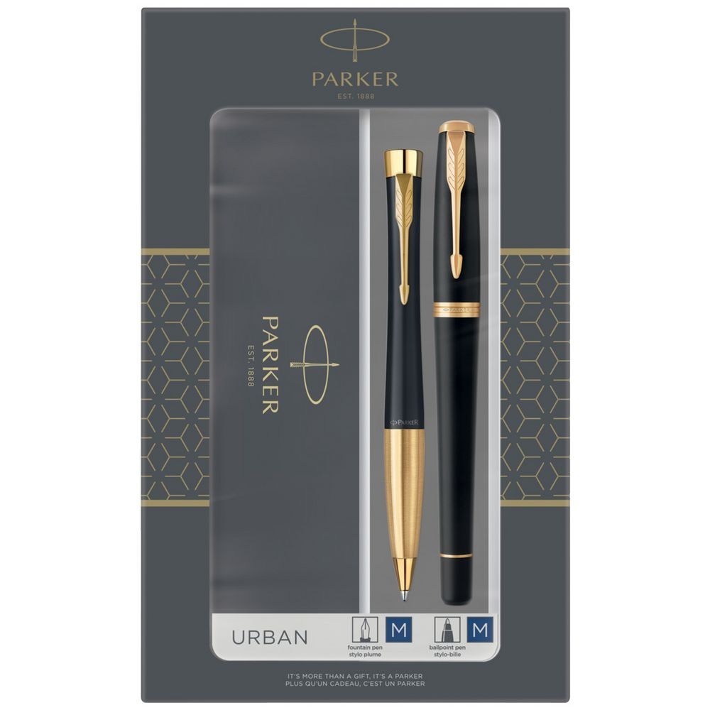 Parker Urban Ballpoint And Fountain Pen Black/Gold Gift Set Duo Set Great Gift