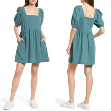 Madewell Lightspun Square-Neck Puff-Sleeve Mini Dress Teal Size Large