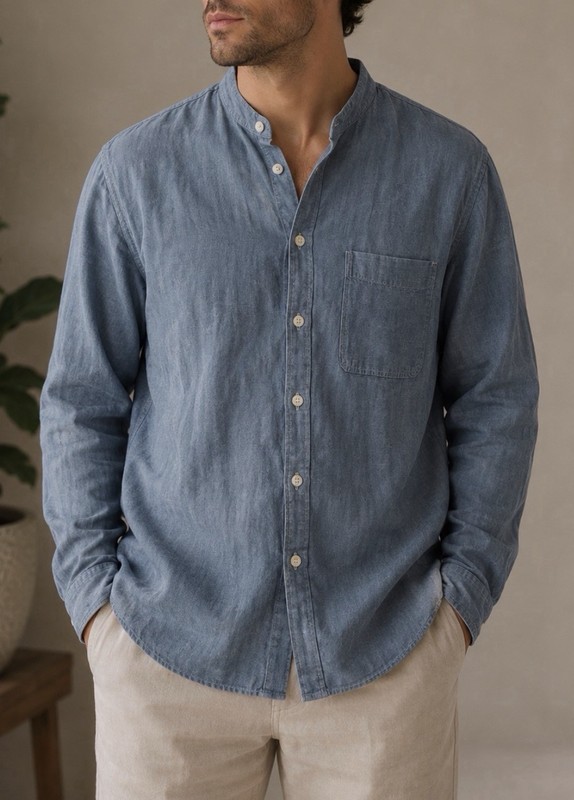Uniqlo Mandarin Collar Long Sleeve Button Down Chambray Mens Shirt Size XL