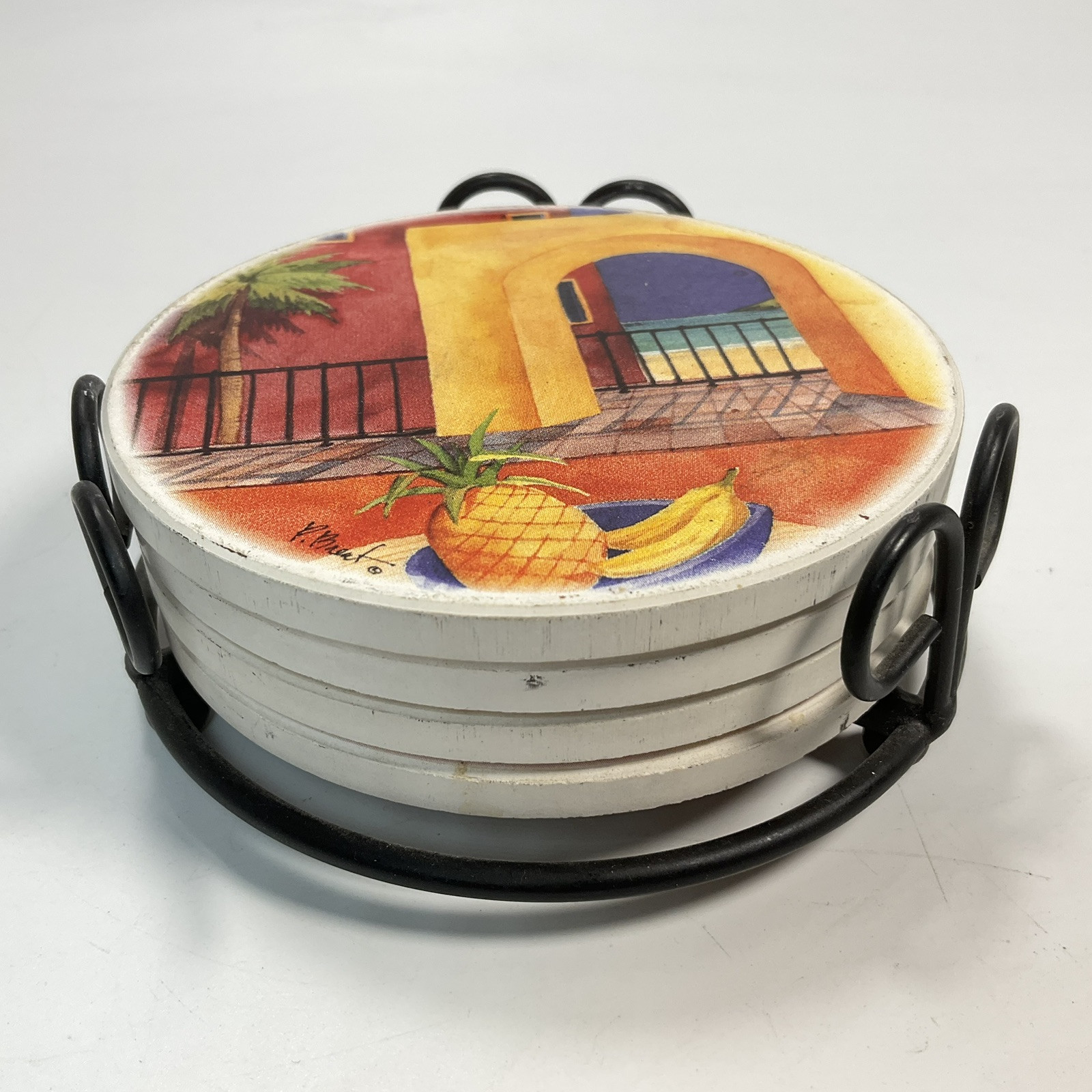 4 Rounds Ceramic Coasters With Holder  Drink Coasters Fruits And Buildings