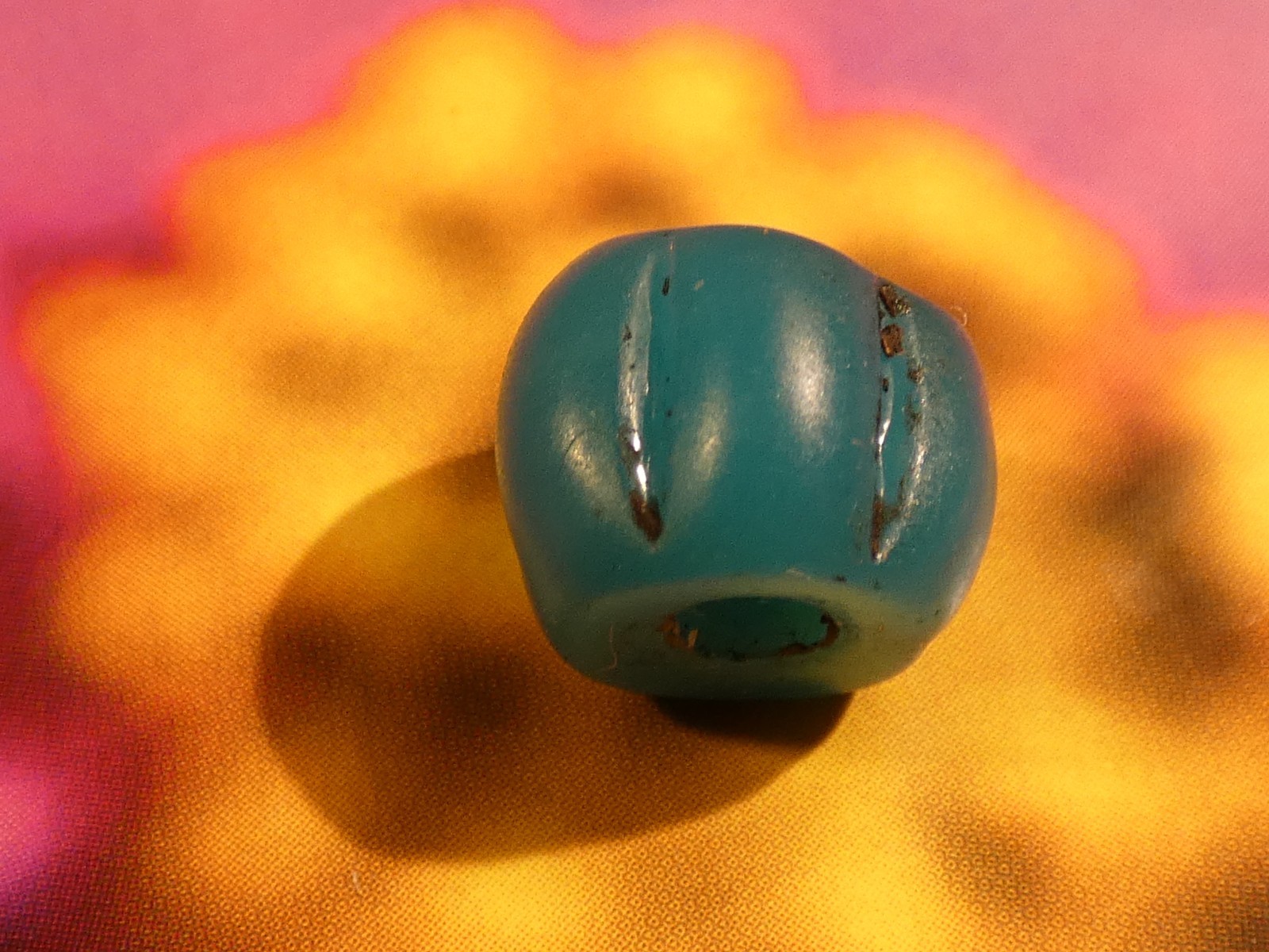 ANCIENT CHINESE AQUA BLUE WORN MELON GLASS BEAD 11.3-9.3 MM WORN AGE PATINA