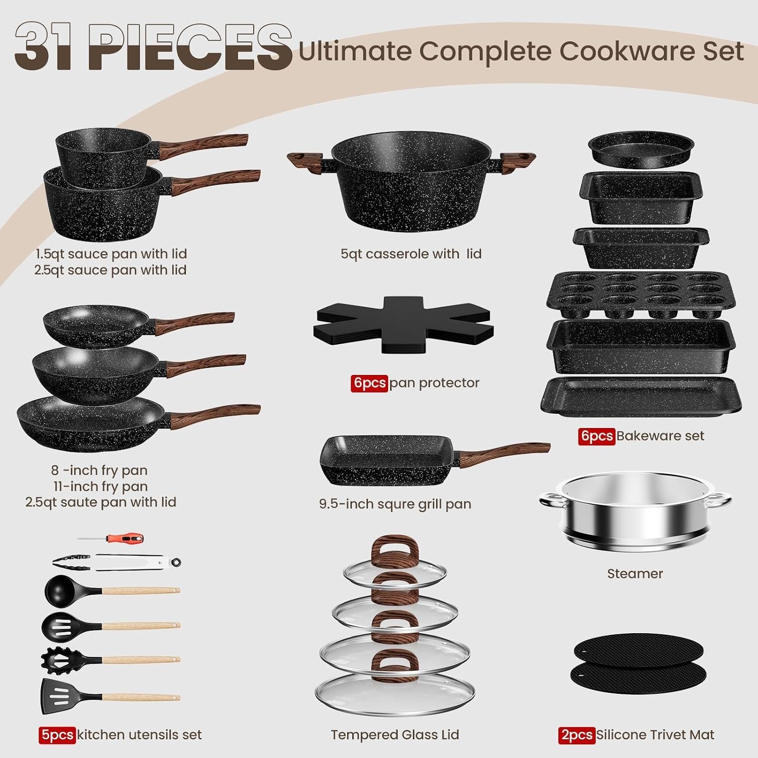Non Stick Pots and Pans Set Kitchen Cookware Bakeware Induction 31 Pcs alternate view 2