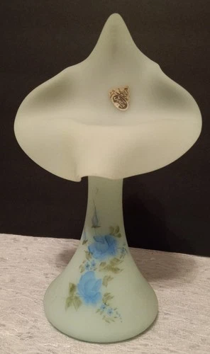 Fenton Blue Satin Jack in the Pulpit Vase Handpainted Blue Roses 10.5inches