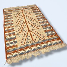 Hand Woven Kilim Style Rug Reversible Cream Rust Blue Fringed 157 x 110cm
