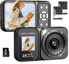 4K 64MP DUAL SCREEN DIGITAL CAMERA WITH 64GB CARD AND 2 RECHARGABLE BATTERIES