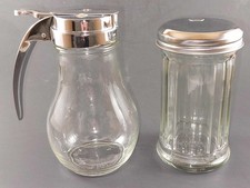 MCM GLASS & CHROME SLIDE TOP SYRUP DISPENSER & SUGAR DISPENSER w/ POUR FLAP LID