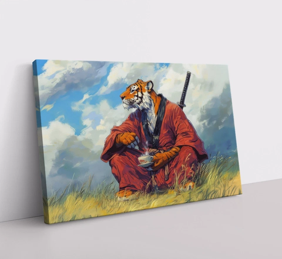 Impresión de pintura samurai tigre de kung fu sobre lienzo enmarcado arte guerrero japonés Foto 2 de 4