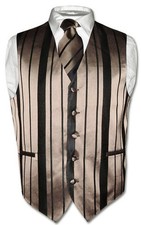 Men's Dress Vest  NeckTie TAUPE LIGHT BROWN Woven Striped Design Neck Tie Set