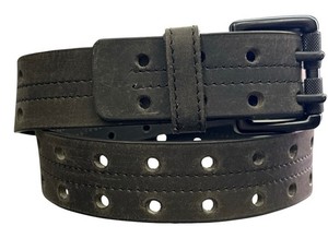 Double Pong en cuir complet à deux trous ceinture noire, stressé avec le pointage central